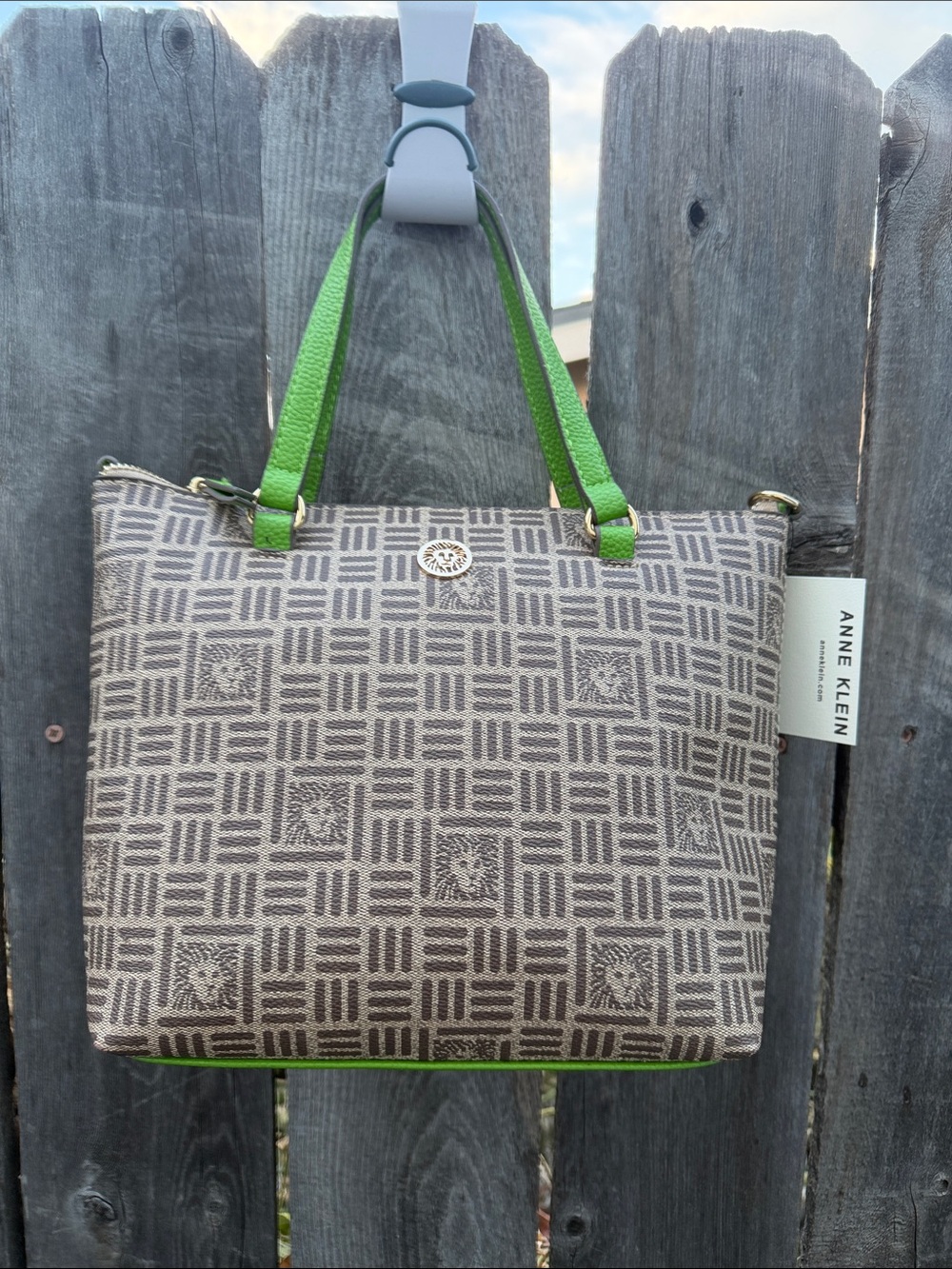 Anne Klein Brown Patterned Tote with Green Handles